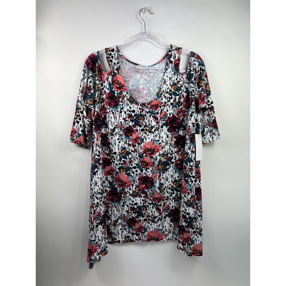 NWT Jessica London Tunic Women's Sz 14/16 Multi Floral Cold Shoulder 3/4 Sleeves